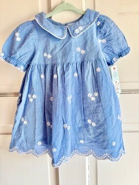 NWT Cat & Jack Baby Dress 18M Blue Chambray Floral Embroidered Collar Bloomers